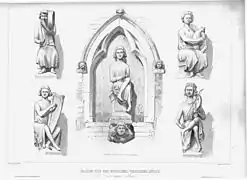 Gravure de différentes statues de la Maison des musiciens par Aymar Verdier.