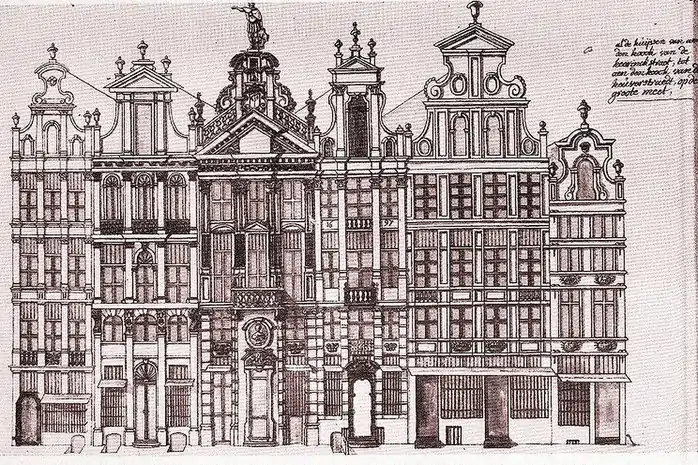 Les maisons sur un dessin de Ferdinand-Joseph Derons (1749) conservé au Musée de la ville de Bruxelles.