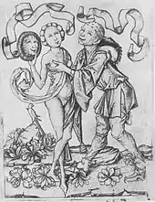 Maître E. S., Bouffon et femme nue au miroir. L. 213