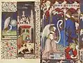 Exemple de double page : au recto l'Annonciation, la Vierge étant assise de dos pour souligner sa surprise ; au verso : calendrier de février avec un homme se chauffant les pieds à la cheminée et la vignette de l'Ancien Testament illustrant la séparation des éléments dans la Genèse