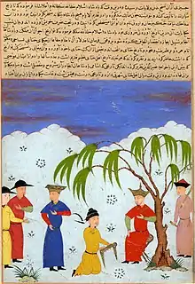 Savants chinois offrant des livres au khan Oldjeït, manuscrit du Madjma at-Tawarik, 1425-1430, British Museum (Londres)