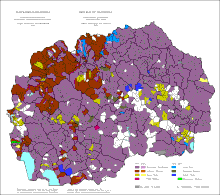 Répartition ethnique en Macédoine en 2002, on distingue les Macédoniens, en violet, et les Albanais, en marron.