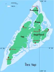 Carte des îles Yap avec des sept étoiles rouges