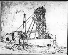 Fusain réalisé par Louis Davy, ingénieur des Mines de Layon-et-Loire, en 1868 (puits des Malécots numéro 1).
