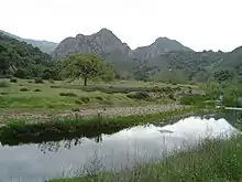 Paysage avec rivière et montagnes.