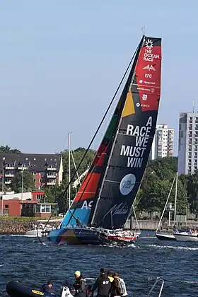 Vu de trois quarts avant, un voilier noir, bleu et jaune amarré au ponton. Bout-dehors et foils rouges. Mât noir.