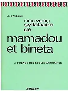  page de couverture du livre de couleure bleue avec l'inscription Mamadou et Bineta/ livre pédagogique en Afrique de l'Ouest francophone