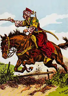 Cavalier syrien, coiffé d'un turban et vêtu d'habits orientaux et colorés, pistolet à la main, franchissant une barrière au galop avec son cheval.