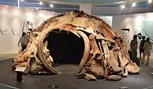 Hutte faite d'os, de cuir et de divers autres matériaux naturels, deux défenses de mammouths encadrant l'entrée, dans un musée.
