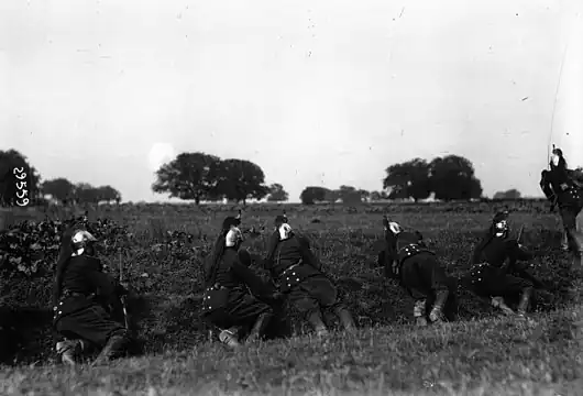 Photo en noir et blanc de soldats portant casque à crinière.