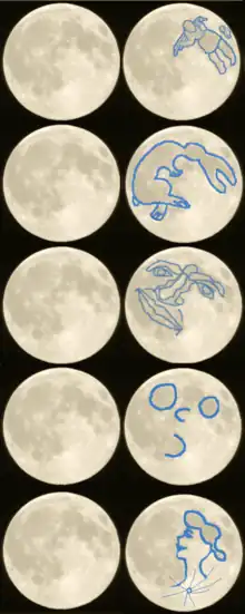 Cinq séries d'une pleine lune, différents dessins entourant les mers pour produire des formes.