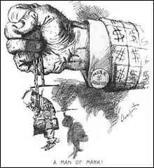 Caricature illustrant une énorme main, tenant par une chaîne un petit homme