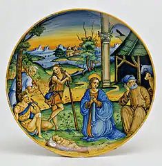 Coupe historiée avec "L'adoration des bergers", Faenza, Baldassarre Manara, vers 1535-1540.