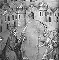 L’empereur de Constantinople tenant la Sainte Lance (enluminure des Voyages de Jean de Mandeville).