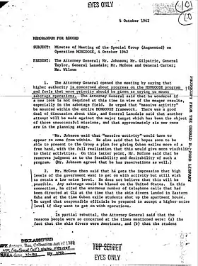 Première page du rapport d'une réunion de l'Opération Mangoose, 4 octobre 1962Minutes of Meeting of Special.pdf Archivo.