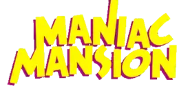 Maniac Mansion écrit en majuscule et en jaune