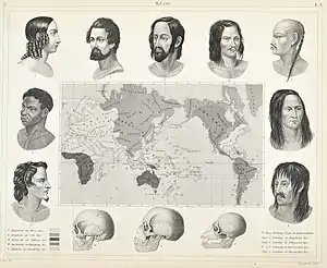 Carte du monde avec des zones colorées auxquelles sont attribuées des bustes humains