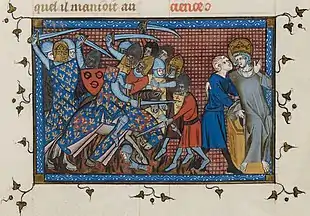 Miniature représentant Louis IX soutenu par un personnage tandis qu'en arrière plan des chevaliers aux armes de France affrontent des ennemis.