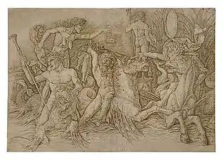 Andrea Mantegna, Le Combat des dieux marins (vers 1475), gravure au burin et pointe sèche.