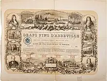Action de fondation de la Manufacture royale de draps d'Abbeville datant de 1855. Considérée comme l'une des toutes premières usines textiles du monde, la manufacture a été reprise en 1849 par l'homme politique Jean-Baptiste Randoing, qui l'a transformée en société anonyme.