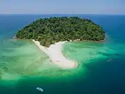 Photographie aérienne d'une petite île tropicale. L'eau alentour est turquoise, la végétation intérieure est très dense et seul un petit banc de sable se trouve au premier plan.