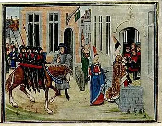 Manuscrit médiéval en couleur de Loyset Liédet montrant l'arrivée des quatre fils Aymon à Dordonne, montés sur le cheval Bayard, après leur exil dans la forêt.