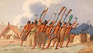 Le haka, danse rituelle māori, gravure du XIXe siècle