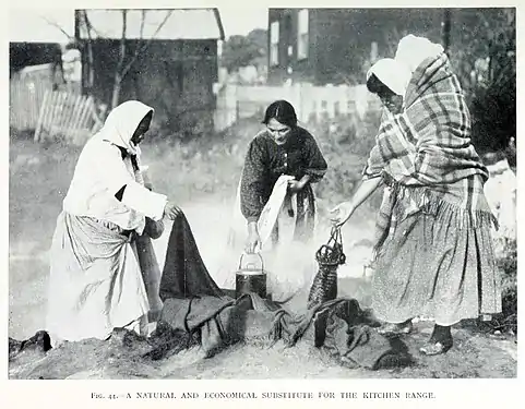 Photo de femmes cuisinant dans un trou à vapeur.