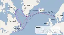  Carte des possibles différentes routes de navigation maritime au Groenland, Vinland (Terre-Neuve), Helluland (l'île de Baffin) et Markland (Labrador) parcourus par les personnages des sagas islandaises, principalement Saga d'Erik le Rouge et Saga des Groenlandais.