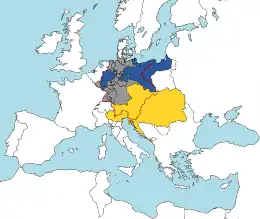 L'Empire autrichien est au tiers dans les frontières de la confédération, la Prusse au 3 quarts. L'Empire autrichien fait environ la même taille que l'ensemble de la confédération, la Prusse environ moitié moins grande, toutefois dans la confédération leur taille est proche, environ 1 tiers chacun, le dernier tiers étant occupé par les autres États.