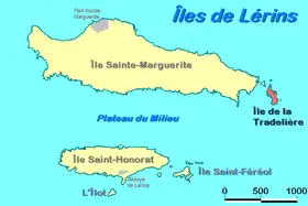 Carte des îles de Lérins avec l'îlot de la Tradelière.