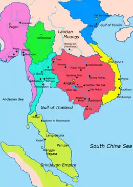Asie du Sud-Est au XIe siècleRouge : Empire khmer Rose : Royaume de PaganVert : Hariphunchai Bleu clair : Royaume de Lavo Jaune : Champa Bleu : Dai VietVert pâle : Srivijaya