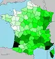 Départements français par taux de couverture forestière en 2012.
