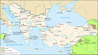 Carte de la Méditerranée orientale présentant les frontières de l'Empire byzantin