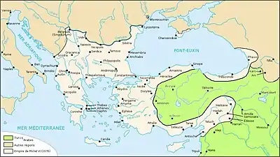 carte montrant en 1076 les possessions byzantines, en rose et les possessions turques et arabes en vert