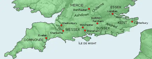 Une carte du Sud de l'Angleterre situant les lieux mentionnés dans l'article.