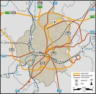 Petite ceinture de Charleroi dans l'ensemble des autoroutes.