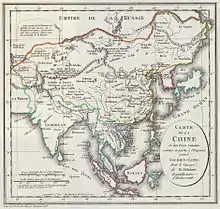 Carte de Johann Christian Hüttner en 1789 qui attribue Sakhaline à l'empire chinois mais ignore l'existence de Hokkaido.