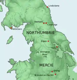 Carte resserrée sur la Northumbrie et la Mercie où figurent les lieux mentionnés dans l'article.