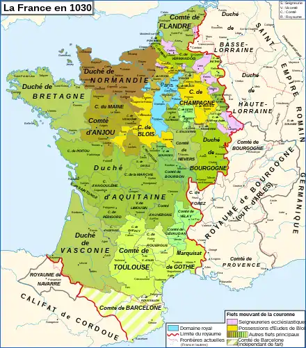 Les fiefs de France, dont la seigneurie souveraine de Déols et celle d'Issoudun (attestée depuis 984), en 1030.