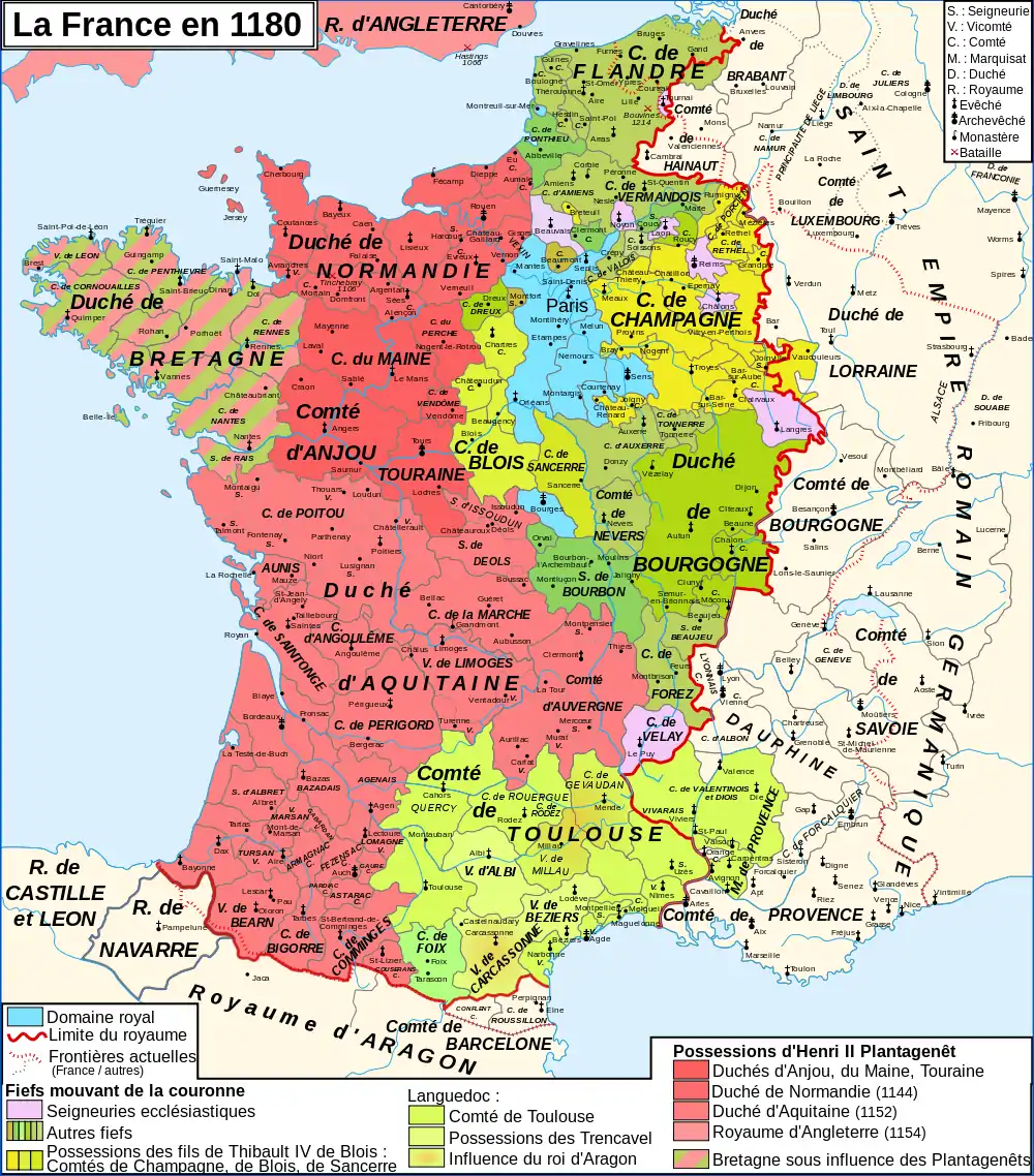 Carte politique du royaume de France en 1180 à l'avènement de Philippe Auguste.