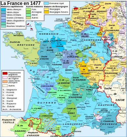 Carte couleur de la France en 1477, montrant les possessions royales, bourguignonnes, anglaises et autres, ainsi que la frontière avec le Saint-Empire.
