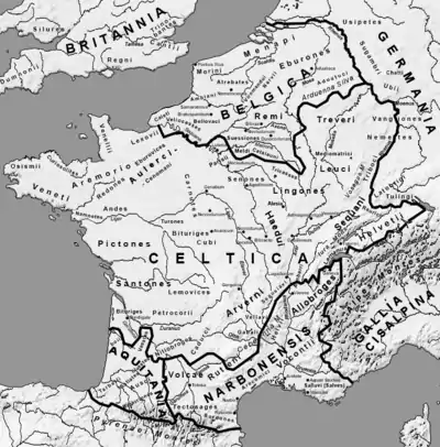 Carte présentant la localisation des Cénomans parmi les peuples gaulois au Ier siècle av. J.-C.