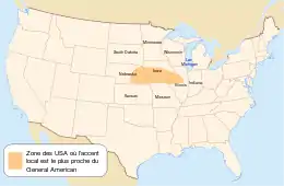 Carte des États-Unis. Un petite zone orangée couvrant la moitié sud de l'Iowa, le nord-ouest de l'Illinois, l'extrême-sud du Missouri et l'est du Nebraska.