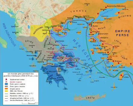 Carte couleur représentant le monde grec à l'époque des guerres médiques.