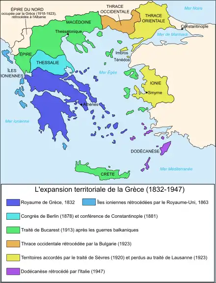 Carte en couleur montrant l'évolution territoriale du territoire grec tout au long du XIXe et du XXe siècle.