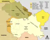 Carte des territoires administrés et réclamés par la Chine, l'Inde et le Pakistan.