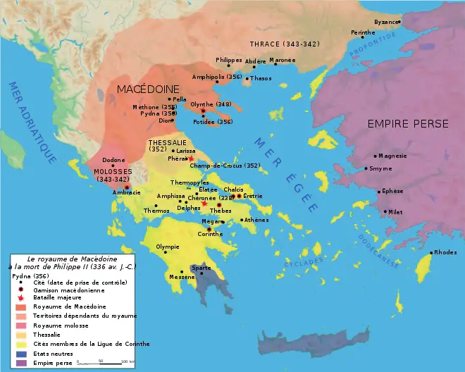 carte, en orange foncé et clair, territoires dominés par la Macédoine