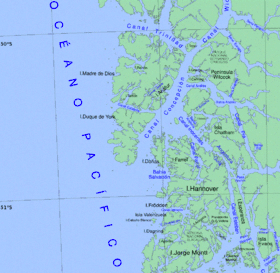 Carte de l'île et de l'archipel Madre de Dios.