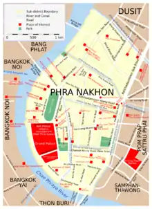 Localisation du Musée national de Bangkok au cœur du centre-ville historique, le quartier Phra Nakhon